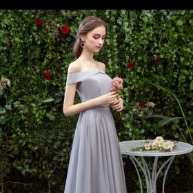 Bridesmaid Long Gray Bridesmaid Sisters Wedding Slimming Off-shoulder Banquet Dress (Option: Gray F-XS)