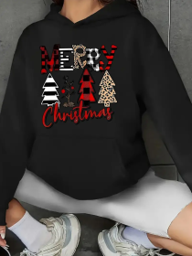 Women's Casual Knit Polyester Hoodie With Merry Christmas Tree Print, Long Sleeve Hooded Sweatshirt With Kangaroo Pocket For Fall Winter (Option: Black-S)