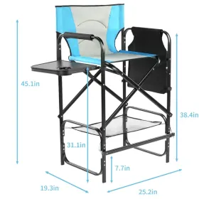 31" Tall Directors Chair With Footrest, 4Portable Bar Height Folding Camping Chair With Built-in Cup Holder, Side Table, Storage Pocket, Blue & G (Option: defaulttitle)