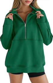 Women's Half Zip Sweatshirts Fleece Stand Collar Long Sleeve Thumb Hole Oversized Pullovers With Pockets (Option: Green-XL)