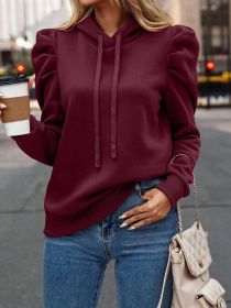 Autumn New Arrival Casual Minimalist Puff Sleeve Drawstring Hoodie Slim Fit Commuter Basic Long Sleeve Sweatshirt (Option: Burgundy-XXL)