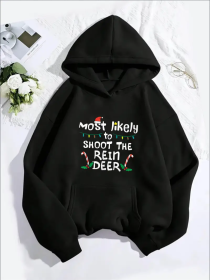 Christmas Reindeer Graphic Hoodie For Women, Casual Long Sleeve Hooded Sweatshirt With Kangaroo Pocket, Animal Pattern, For All Seasons (Option: Black-2XL)