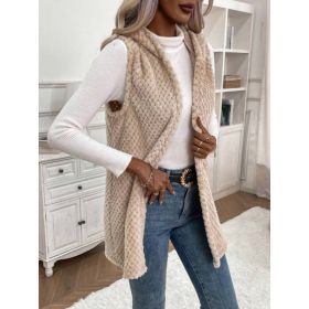 Open Front Hooded Plush Vest Coat (Option: Khaki-XL)