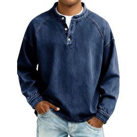 Men's Solid-Colored Casual Top Vintage Long-Sleeve Shirt (Option: Dark Blue-S)