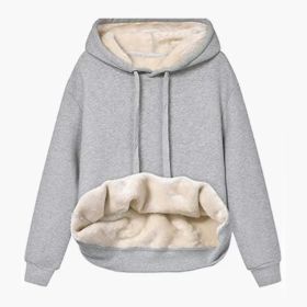 Autumn And Winter Warm Lamb Fleece Pocket Hooded Sports Sweatshirt Jacket For Women (Option: Light gray-XXL)