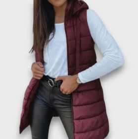 Solid Color Hooded Quilted Zipper Cotton Vest Coat (Option: Wine Red-3XL)