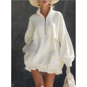 Mi Bai Half Zipper Stand Up Collar Large Pocket Black Fungus Edge Short Hoodie Skirt (Option: White-S)