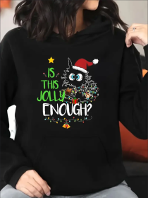 Women Christmas Cat Print Hoodie Plus Size Long Sleeve Pullover Sweatshirt With Pockets (Option: Black-XL)