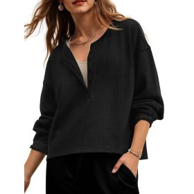 Fisoew Womens Cropped Sweatshirt Casual Waffle Knit Button V Neck Long Sleeve Loose Fit Fall Crop Tops (Option: Black-S)