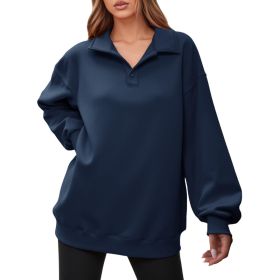 Fisoew Women Collared V Neck Sweatshirt Casual Oversized Long Sleeve Fashion Pullover Tops (Option: Navy-S)