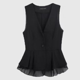 Women's Elegant Sleeveless V-Neck Vest Blazer With Ruffled Lace Hem, Solid Color Versatile Spring Jacket (Option: Black-XXXXL)
