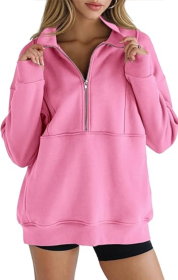 Women's Half Zip Sweatshirts Fleece Stand Collar Long Sleeve Thumb Hole Oversized Pullovers With Pockets (Option: Pink-XXL)