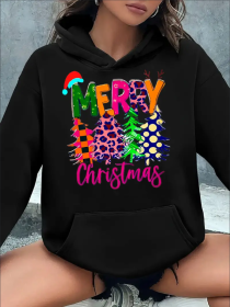 Christmas Tree & Letter Print Long Sleeve Hooded Pullover Sweatshirt With Kangaroo Pockets, Women's Sportswear For Fall & Winter, Outdoor Wear (Option: Black-S)