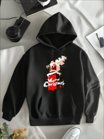 Women'S Fall Plus Size Hoodies Fashion Christmas Santa Claus Cartoon Pixel Style Gift Stars Print Long Sleeve Hood Sweatshirt Loose Fit Tops Stre (Option: Black-S)