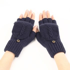 Wool Fingerless Gloves Women's Warm Fashionable Knitted Half Finger Oversleeves (Option: Navy Blue-Free Size)
