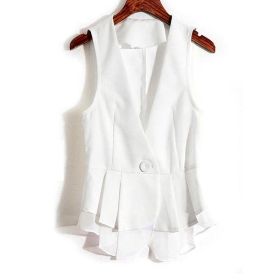Women's Elegant Sleeveless V-Neck Vest Blazer With Ruffled Lace Hem, Solid Color Versatile Spring Jacket (Option: White-XXXXL)