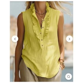 Women's Ruffle Trim Sleeveless Blouse V Neck Button Front Casual Summer Tank Top (Option: Green-XXL)