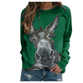 Loose Round Neck Donkey Head Floral Print Long Sleeve Pullover (Option: Green-S)