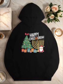 Women'S Plus Size Casual R Hoodie With Pocket - Christmas Hanukkah Happy Chrismukkah Geometric Pattern, Hooded Sweatshirt For Autumn Winter (Option: Black-S)