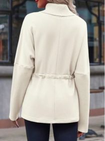 Fisoew Women's Turtleneck Sweatshirts Fleece Drawstring Waist Casual Long Sleeve Pullover Sweater Side Slit Tunic Tops (Option: Beige-XXL)