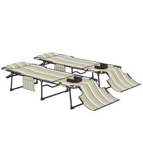 2 Piece Folding Chaise Lounge Pool Chairs with 5-level Reclining Back, Reading Hole, Side Pocket, Rainbow Striped (Option: Rainbow Striped-770x280x700 mm)