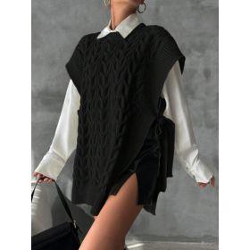 Women's Solid Color V-Neck Tie Casual Knit Vest (Option: Black-S)