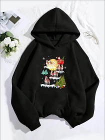 Women'S Casual Christmas Reindeer Sleigh Graphic Hoodie, Long Sleeve Hooded Sweatshirt With Kangaroo Pocket,For All Seasons (Option: Black-S)