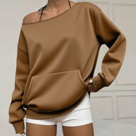 Fashionable Pullover Crew-Neck Off-Shoulder Sweatshirt For Women (Option: Coffee-S)