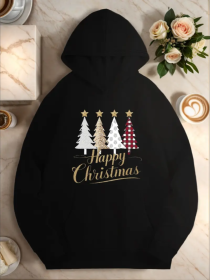 Trees Happy Christmas Women's Plus Size Hoodies (Option: Black-S)