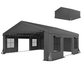 20' x 20' Heavy Duty Carport, Portable Garage Car Canopy Tent Shelter with 3 Roll-up Doors, 4 Windows, Dark Gray (Option: Dark Gray-1970x280x175 mm)