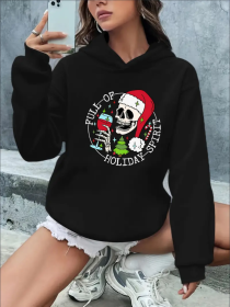 Women'S Christmas Graphic Hoodie - Casual Hooded Sweatshirt With Rib-Knit Collar, Festive Alphabet & Animal Print, Drawstring Closure, Holiday Th (Option: Black-S)