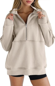 Women's Half Zip Sweatshirts Fleece Stand Collar Long Sleeve Thumb Hole Oversized Pullovers With Pockets (Option: Khaki-XXL)