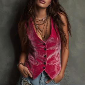 Women's Bohemian Vintage Sleeveless Vest Solid Color Western V-Neck Button Down Waistcoat For Spring Summer Layering (Option: Red-S)