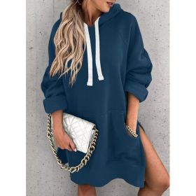 Women's Hooded Sweatshirt With Pockets Fashion Casual Split Mid-length Sweater Drawstring Tops (Option: Navy Blue-S)