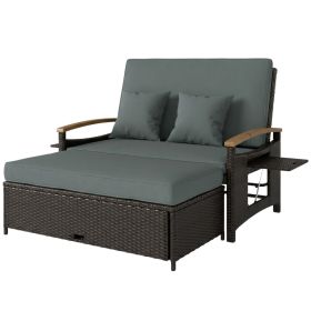 Rattan Outdoor Daybed w/4-Level Adjustable Backrest, Patio Sofa Bed w/Storage Ottoman, Acacia Wood Armrest, Mixed Gray (Option: Mixed Gray-1130x580x420 mm)