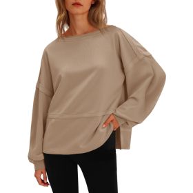 Fisoew Womens Casual Crewneck Sweatshirts Lantern Long Sleeve Side Slit Loose Sweatshirt Fall Crop Pullover Tops (Option: Khaki-XL)