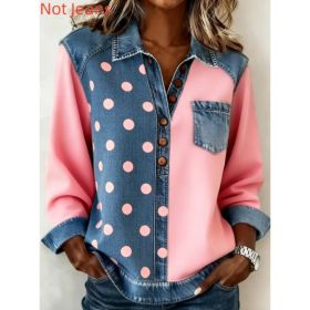 Denim Patchwork Collar Button-down Casual Long-sleeved Top (Option: Blue Pink-XXL)