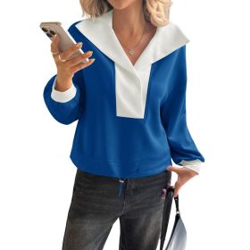 Fisoew Womens Cropped Oversized Sweatshirt Casual Lapel V Neck Long Sleeve Contrast Drawstring Loose Fit Fall Pullover Tops (Option: Blue-M)