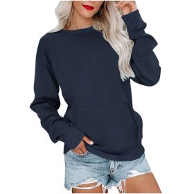 Women's Pin Solid Color Round Neck Loose Long-sleeved Sweater (Option: Navy Blue-S)