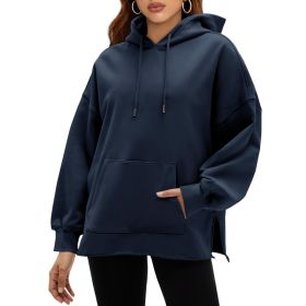Fisoew Women's Hoodies Oversized Sweatshirts Casual Long Sleeve Side Slit Pullover Tops Fall Winter Outfits With Pocket (Option: Navy-S)