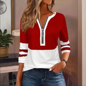 Women's Zip-Up Round Neck Long Sleeve Sweatshirt With Color Block Stripes - Casual Pullover Top For Spring&Fall (Option: Red-M)