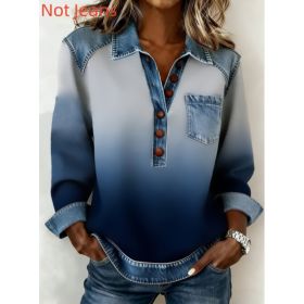 Denim Patchwork Collar Button-down Casual Long-sleeved Top (Option: Dark blue-XL)