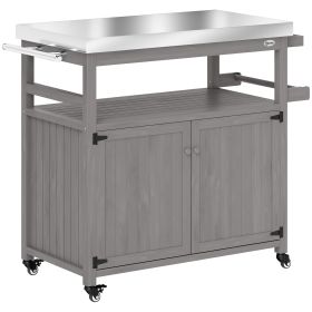 Outdoor Grill Cart w/ Stainless Steel Top, Solid Wood Outdoor Kitchen Island w/ Wheels, Storage Cabinets, Gray (Option: Gray-980x550x230 mm)