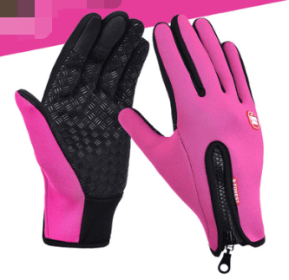 Outdoor Waterproof Gloves Touch Screen Windproof Riding Zipper Sports Winter Warm Fleece Mountaineering Gloves (Option: Rose red-L-Silicone type)