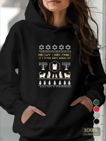 Hanukkah Christmas Print Kangaroo Pocket Hoodie, Casual Long Sleeve Hooded Sweatshirt, Women's Clothing (Option: Black-S)