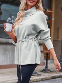 Fisoew Women's Turtleneck Sweatshirts Fleece Drawstring Waist Casual Long Sleeve Pullover Sweater Side Slit Tunic Tops (Option: Gray-XXL)