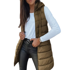 Women's Solid Color Sleeveless Hooded Vest, Mid-Length Zip-Front Waistcoat With Pockets For Spring And Fall Layering (Option: Khaki-XXL)