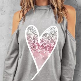 Ladies' Fashionable Casual Solid Color Printed Valentine's Day Love Long Sleeved Autumn And Winter Round Neck Hoodie Top (Option: Grey-M)