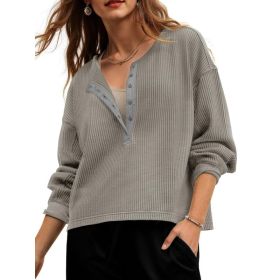 Fisoew Womens Cropped Sweatshirt Casual Waffle Knit Button V Neck Long Sleeve Loose Fit Fall Crop Tops (Option: Light grey-M)