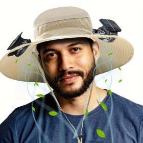 Widened Solar Fan Hat 4 Colors Summer Outdoor With Cooling Fan Fisherman Hat Suitable For Summer Outdoor Activities (Color: Khaki)